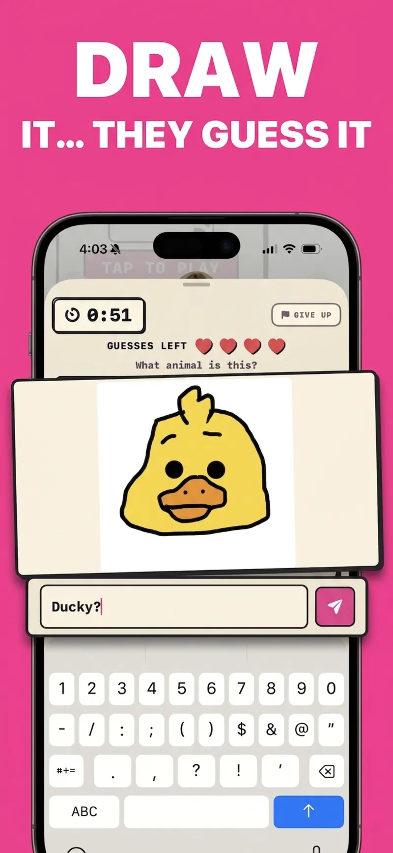 Draw It guessing game on iPhone: a hand-drawn duck with a 51-second timer and the guess 'Ducky?' typed in